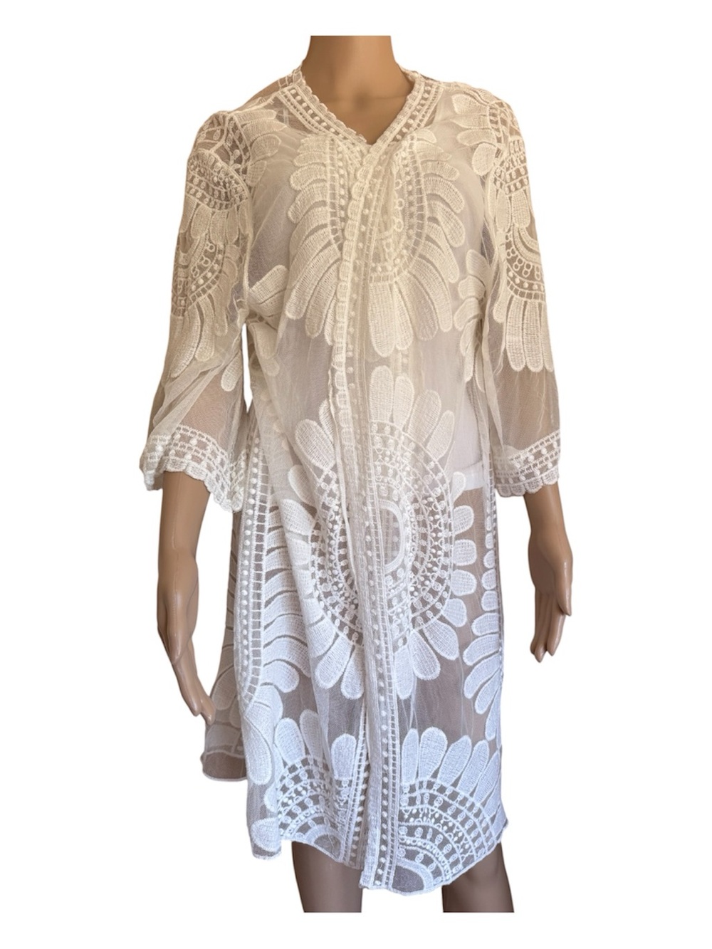 blue island Off White Lace Swim Kimono Cover-Up with Front Tie Closure L